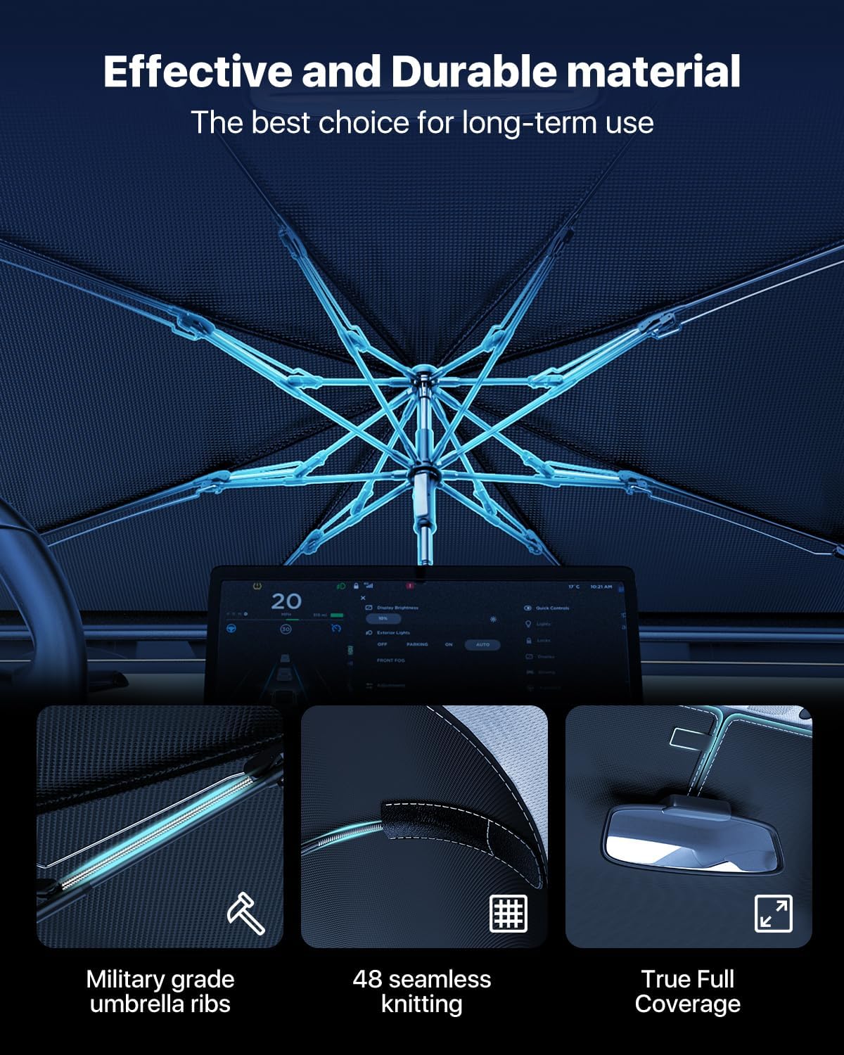 Windshield Sun Shade Umbrella - Protect Car from Sun Rays & Heat Damage Keep Cool and Protect Interior, Spring Structure,Umbrella handle bent,Top opening,Silvery