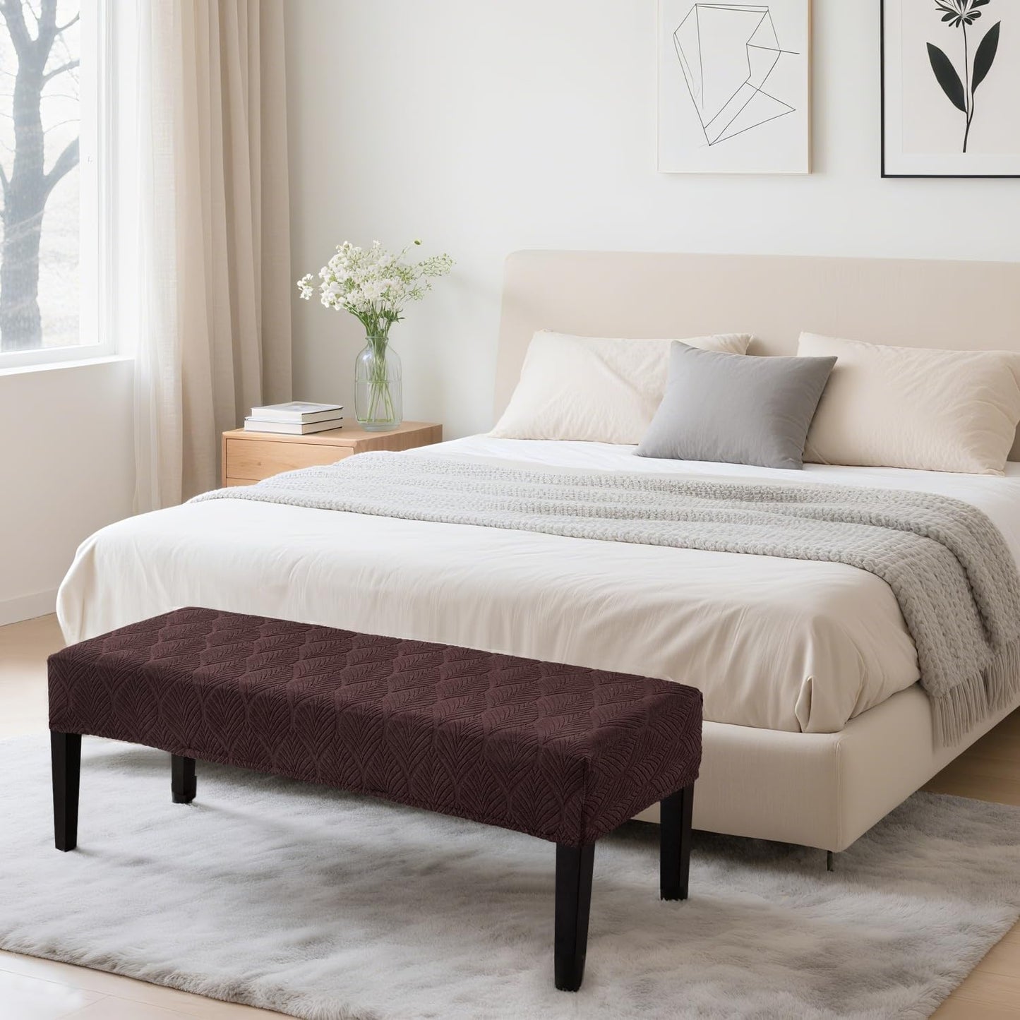 Dining Bench Cover Waterproof, Washable Long Bench Covers Slipcover, Stretch Rectangle Bench Seat Covers for Living Rooms, Bedroom, Kitchen, Piano Bench Cover, Dark Coffee
