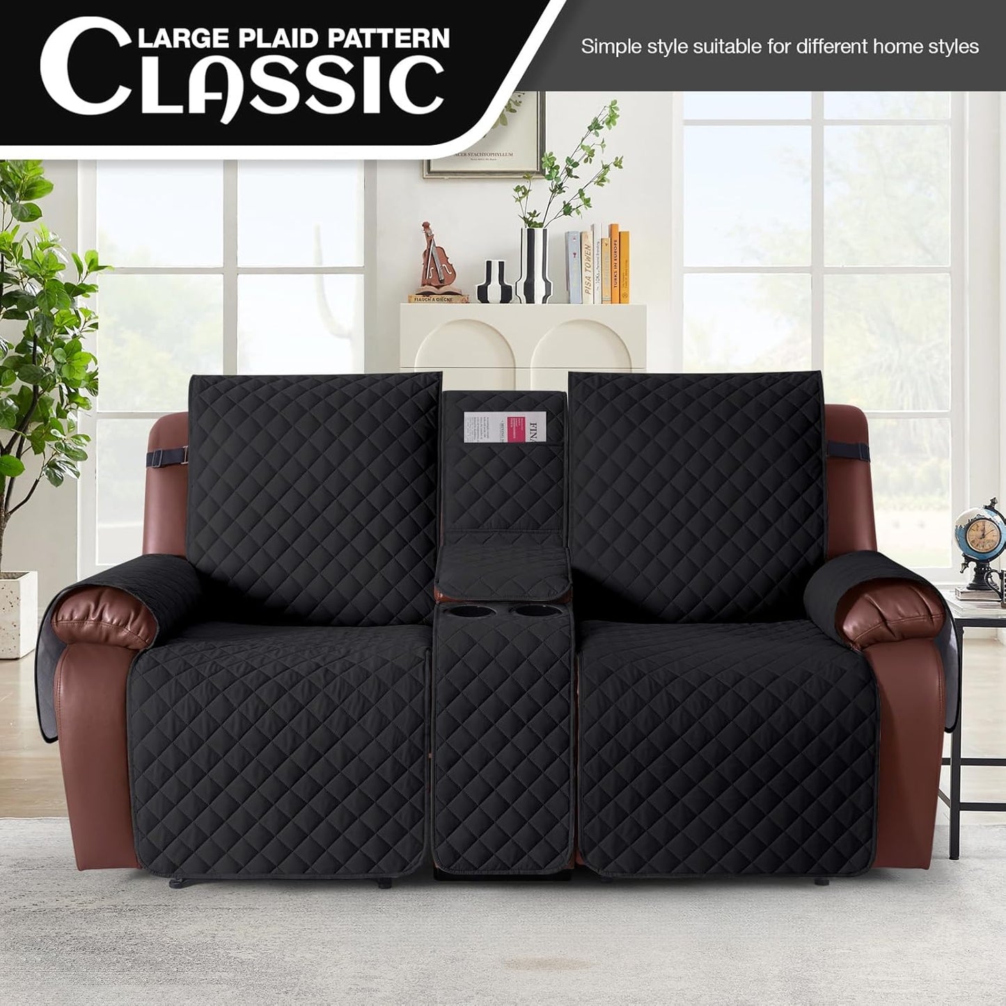 100%Waterproof  with Console, Non-Slip Reclining Couch Covers for 2 Seat, Recliner Sofa Cover Furniture Protector with Elastic Straps for Kids, Pets,Black
