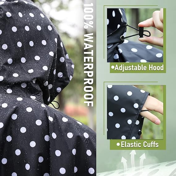 Unisex Rain Poncho Raincoat Hooded with Pockets&ZIpper ,Fashion,Beautiful, Durable, Lightweight,(Black Dot)