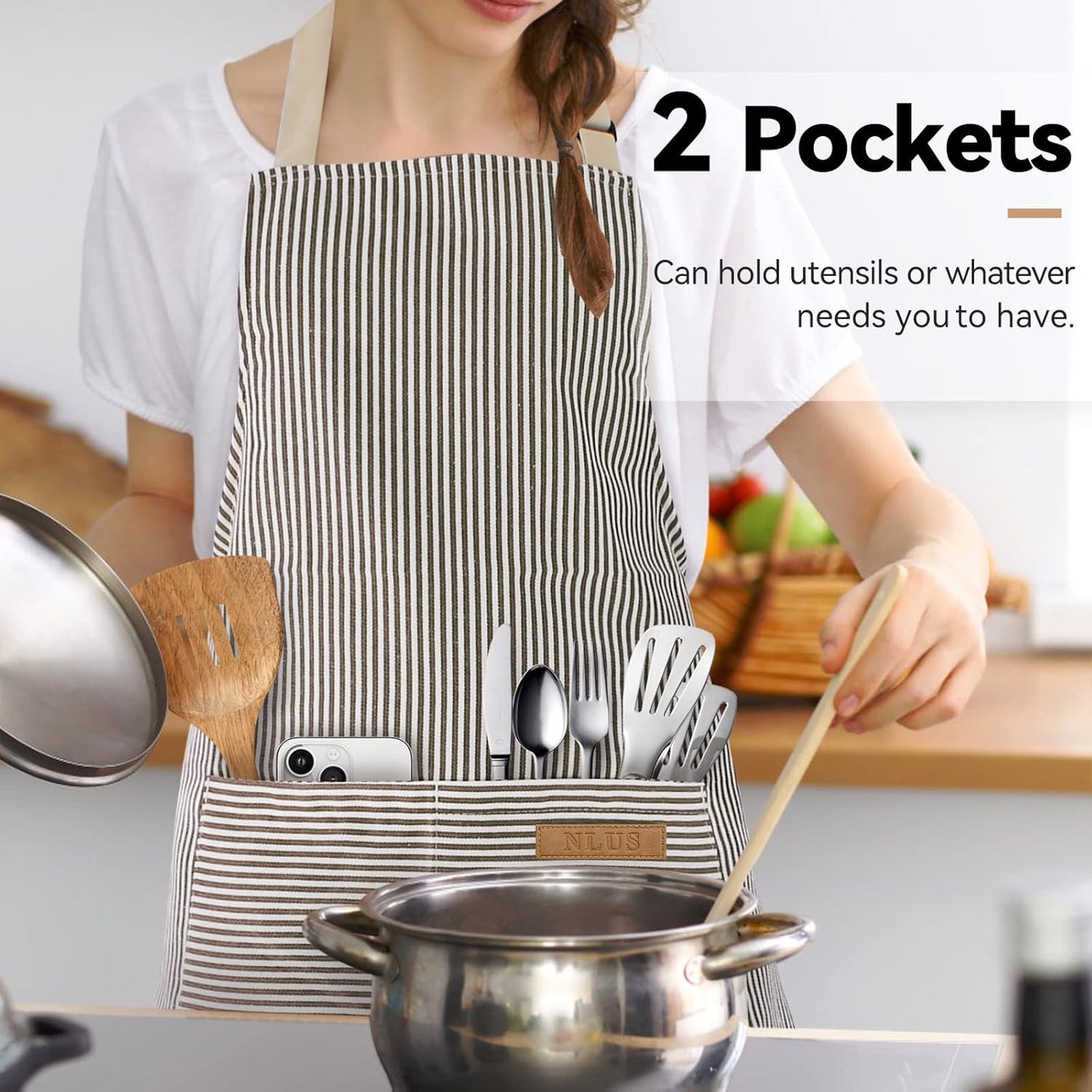 2 Pack Kitchen Cooking Aprons, Adjustable Bib Soft Chef Apron with 2 Pockets for Men Women(Brown/Brown)