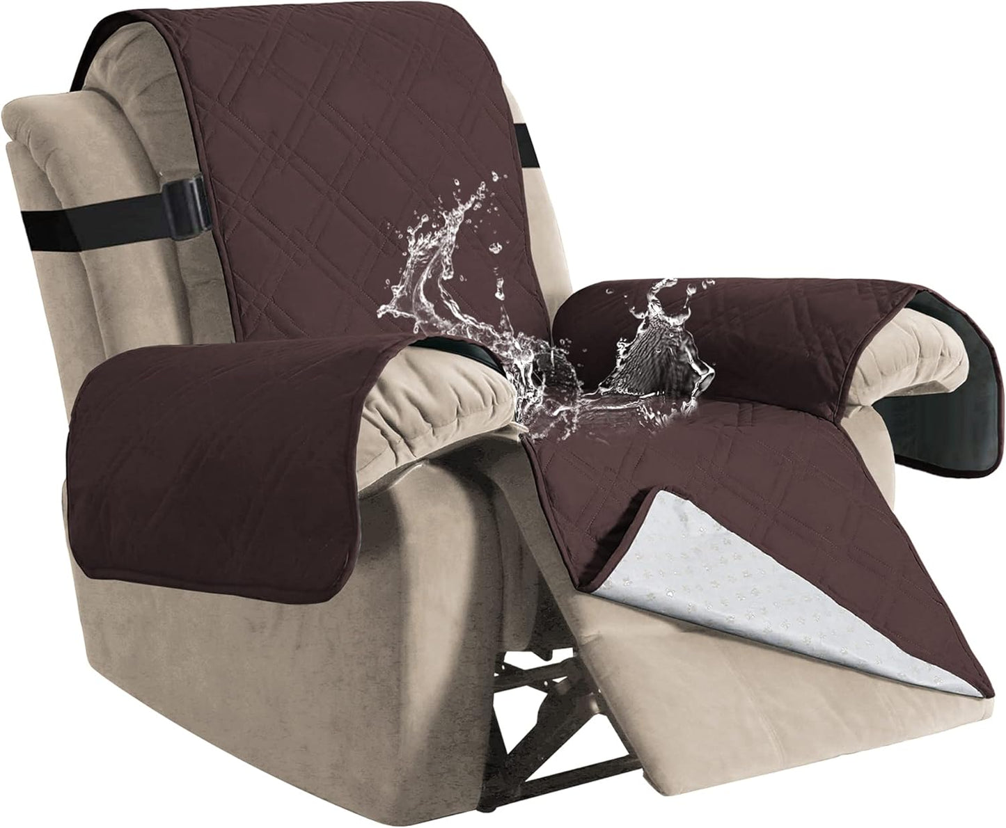 100% Waterproof ,Non-Slip Reclining Cover for Recliner Chair Washable Chair Cover Furniture Protector with Elastic Straps for pet ,kid ,Brown