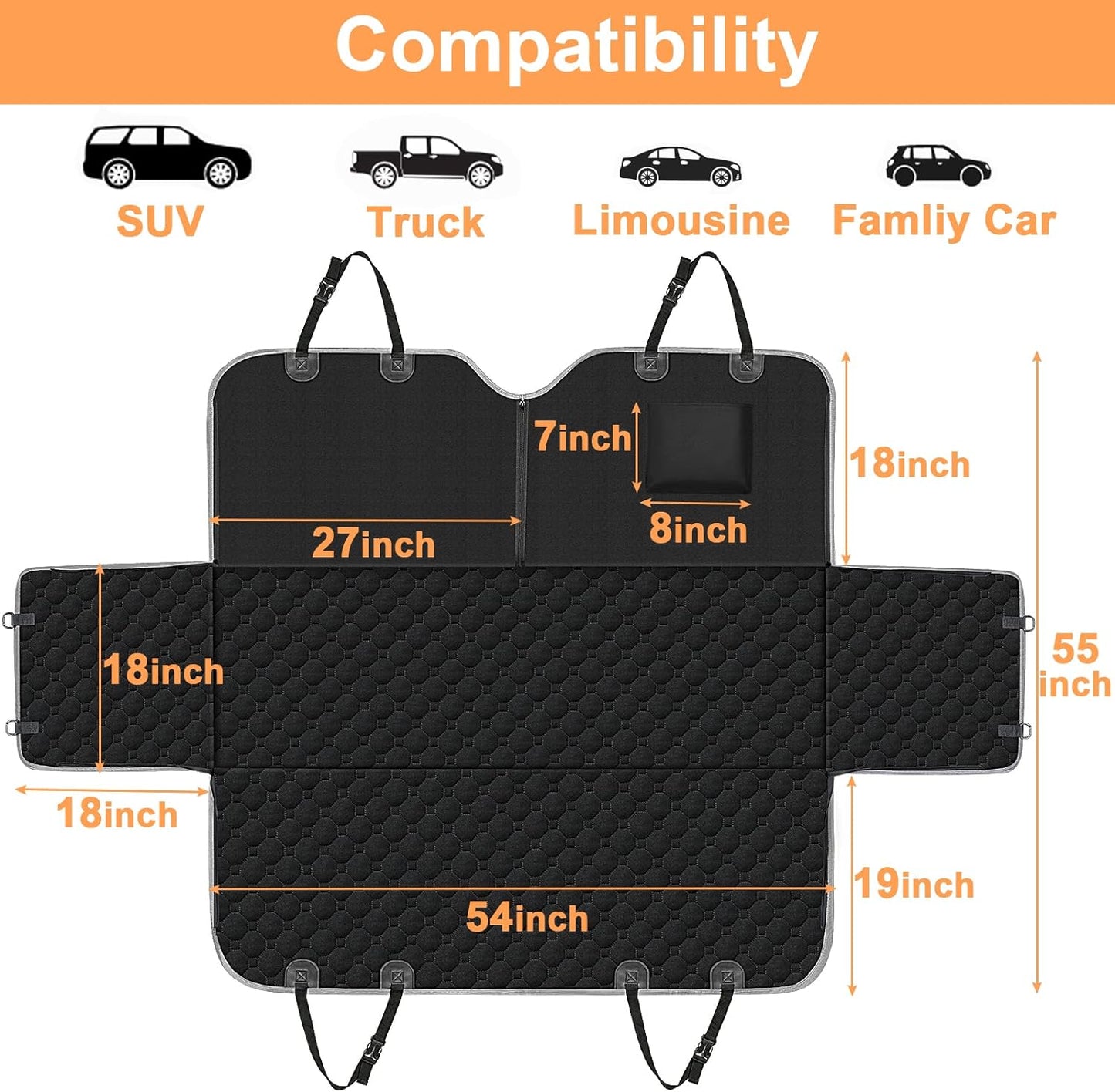 Back Seat Extender for Dogs, Waterproof Dog Car Seat Cover, Sturdy Pets Backseat Protector Full surround and Storage Pocket for Car SUV Truck,Black