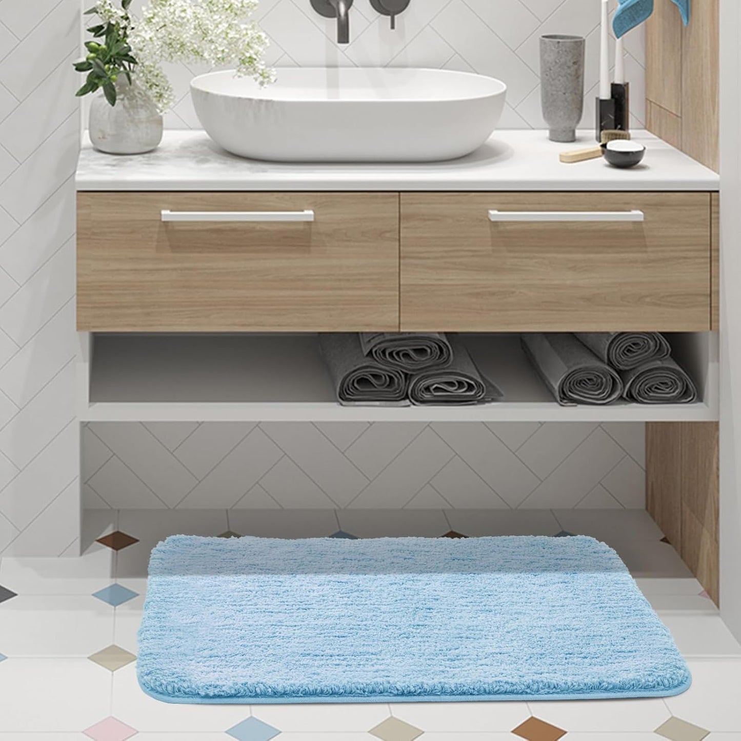 Bath Rug for Bathroom Non Slip Bathroom Mat Water Absorbent Soft Microfiber Shaggy Bathroom Rug Machine Washable Bath Mat,Skyblue