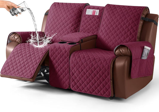 100%Waterproof with Console, Non-Slip Reclining Couch Covers for 2 Seat, Recliner Sofa Cover Furniture Protector with Elastic Straps for Kids, Pets,Burgundy