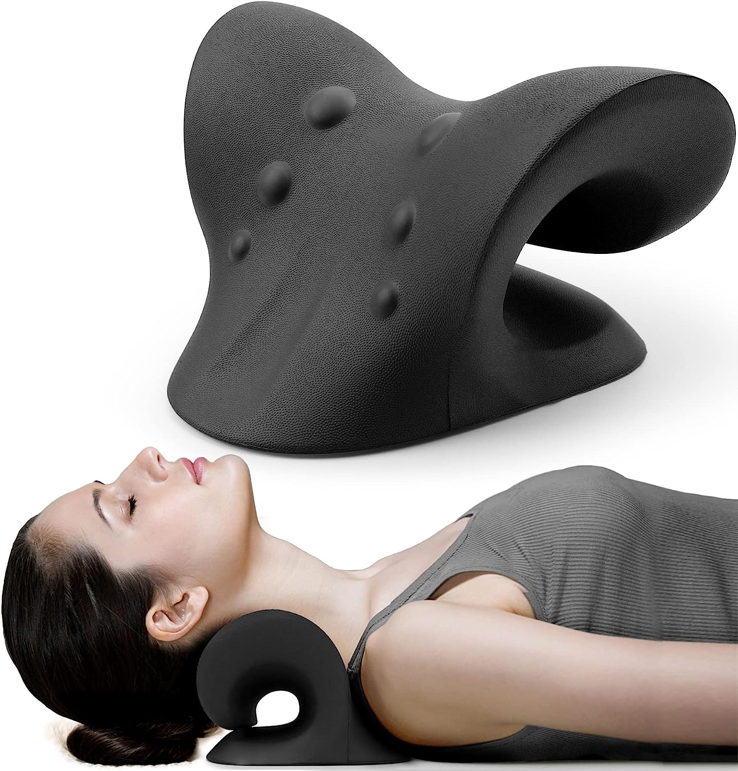 Neck and Shoulder Relaxer, Cervical Traction Device for TMJ Pain Relief and Cervical Spine Alignment, Neck Stretcher (Black)