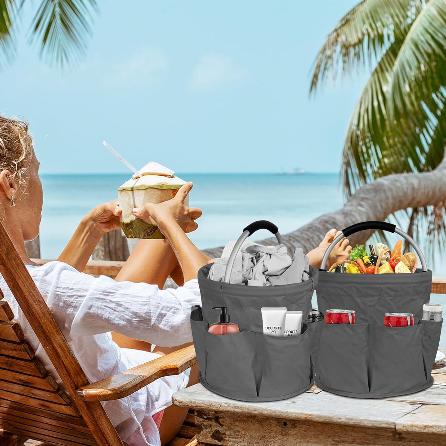 Collapsible Basket with Handles: Portable Picnic, Beach, Garden Harvest,Market Shopping Basket, Home Storage, Bathroom Organizer,Grey