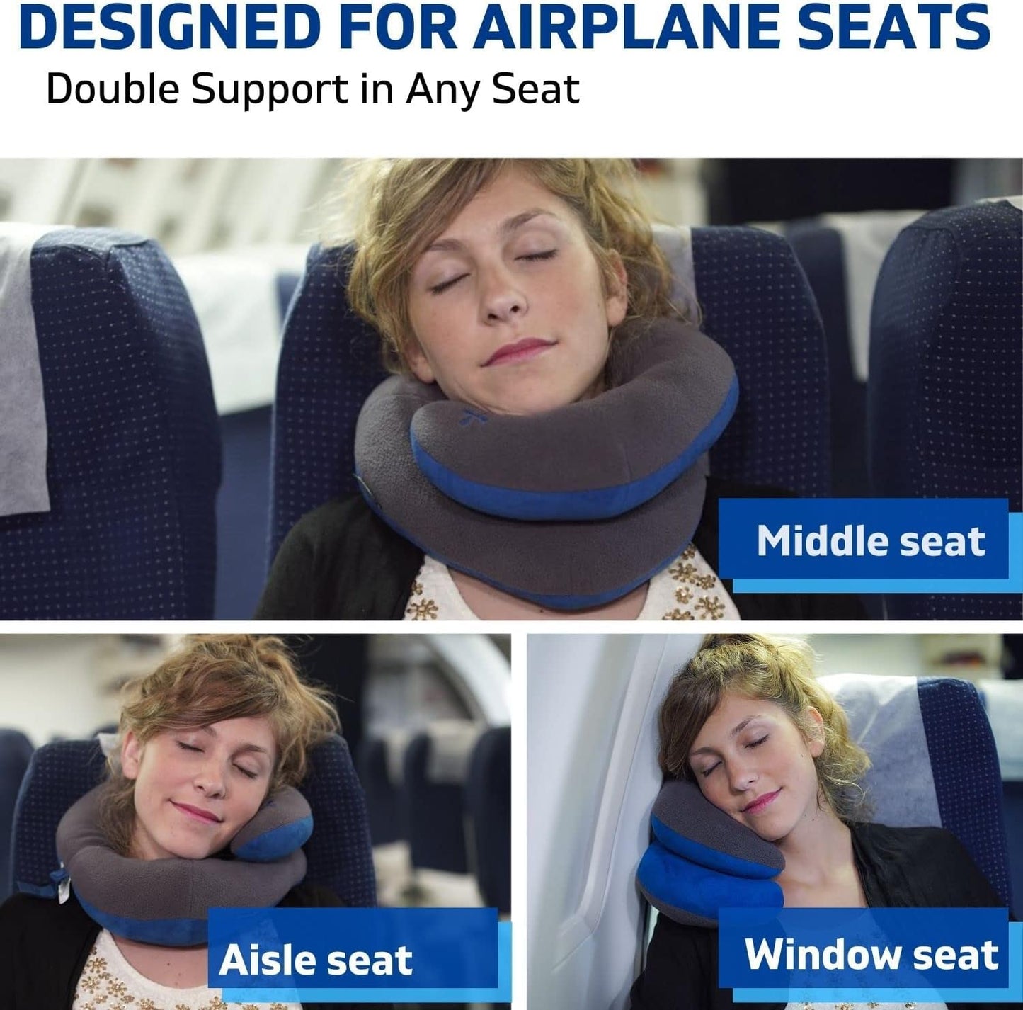 Neck Pillow for Travel Provides Double Support in Any Sleeping Position on Flights, Car, and at Home, Comfortable Airplane Travel Pillow, Large,Grey Blue