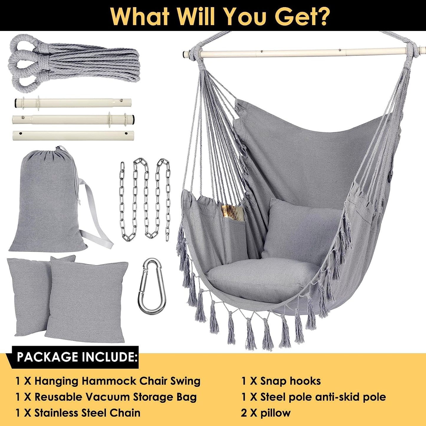 Hammock Chair Hanging Rope Swing, Large Hanging Chair with Pocket and tassels,Cushions for Superior Comfort, with Hardware Kit (Light Grey)