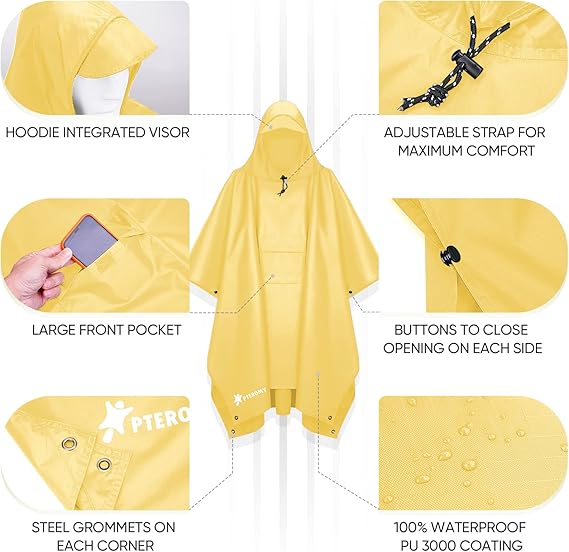 Hooded Rain Poncho for Adult with Pocket, Waterproof Lightweight Unisex Raincoat for Hiking Camping Emergency ,Yellow