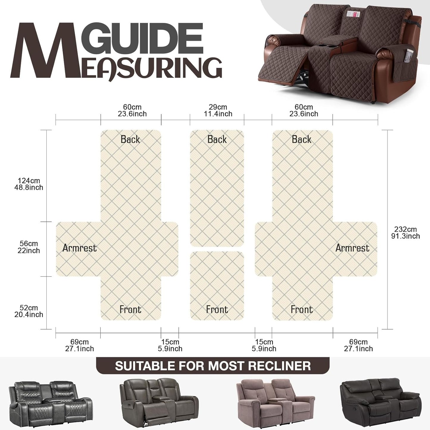 100%Waterproof  with Console, Non-Slip Reclining Couch Covers for 2 Seat, Recliner Sofa Cover Furniture Protector with Elastic Straps for Kids, Pets,Brown
