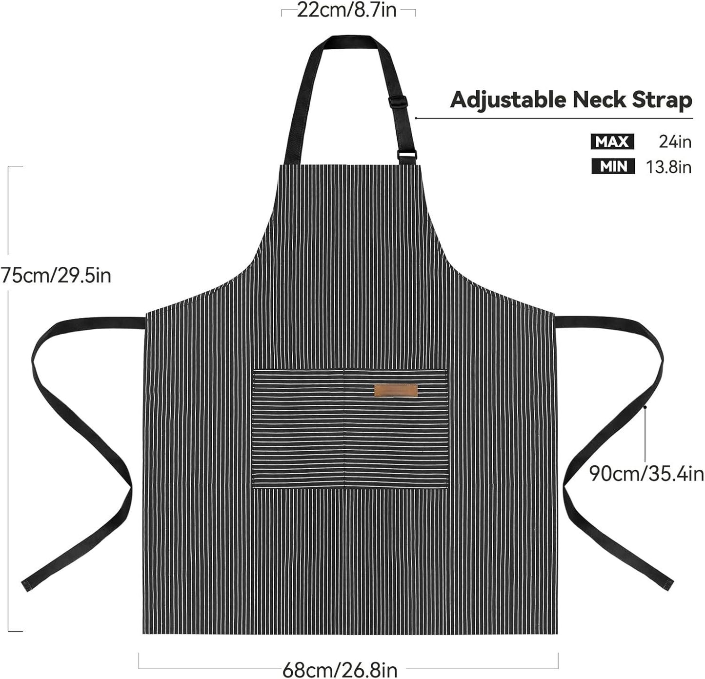 2 Pack Kitchen Cooking Aprons, Adjustable Bib Soft Chef Apron with 2 Pockets for Men Women(Black/Black Pinstripes)