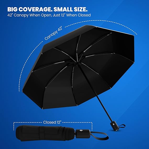 Windproof Compact Umbrellas for Rain - Strong Design & Auto Open & Close - Portable Folding Travel  -All-weather-Light & Portable for Women & Men,Black