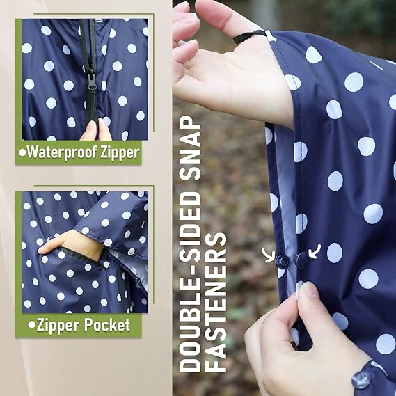 Unisex Rain Poncho Raincoat Hooded with Pockets&ZIpper ,Fashion,Beautiful, Durable, Lightweight,(Blue Dot)