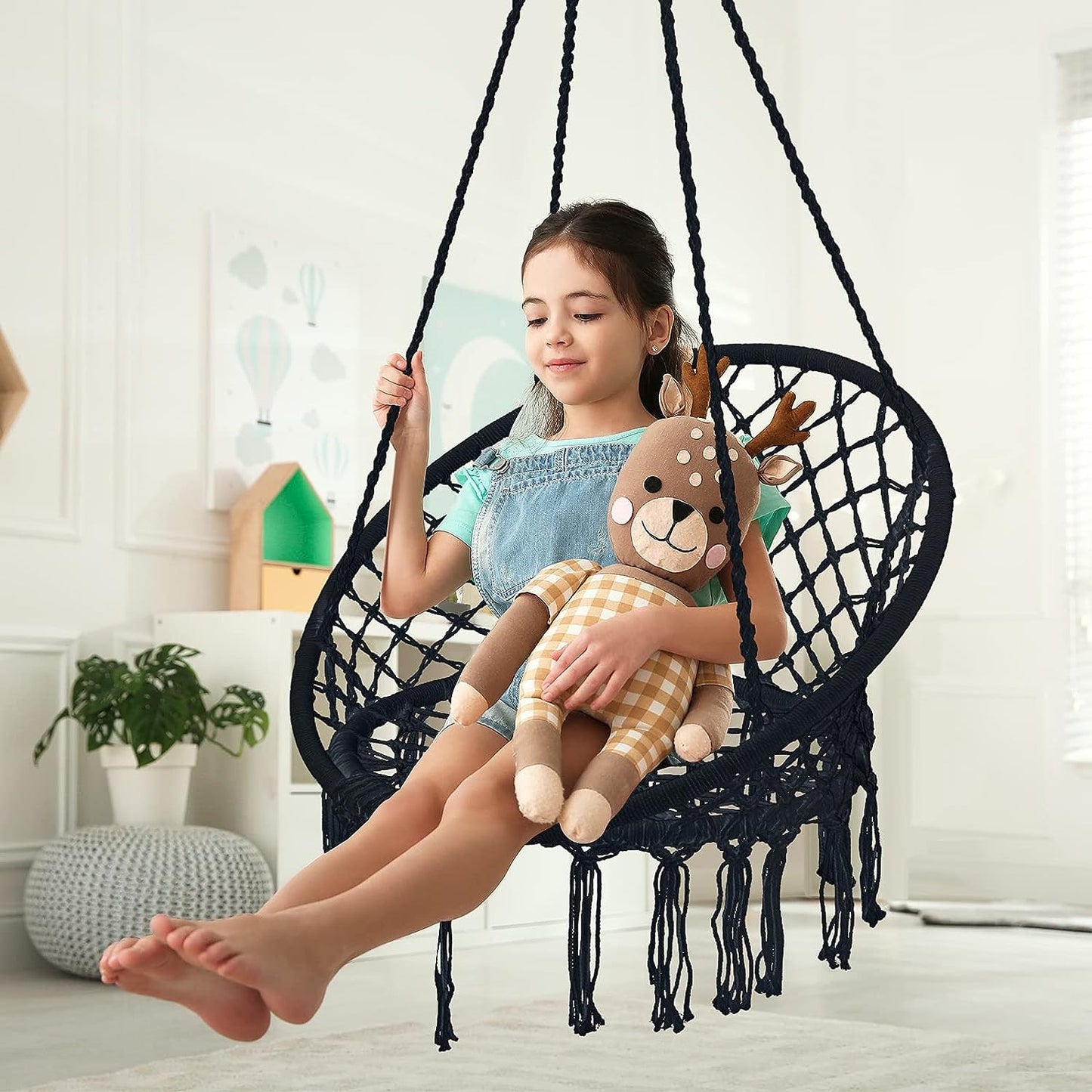 Macrame Hammock Hanging Rocking Chair, Suitable for Bedroom, Outdoor, Children, Adults, Huge Load-bearing Capacity（Black）