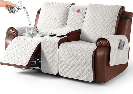 100%Waterproof with Console, Non-Slip Reclining Couch Covers for 2 Seat, Recliner Sofa Cover Furniture Protector with Elastic Straps for Kids, Pets,Ivory