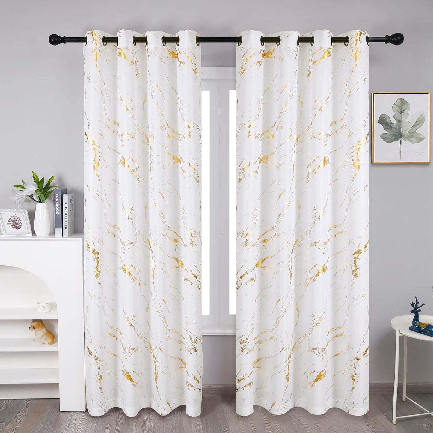 90% Blackout Curtains 2 Panels, Gold Marble Patterned Blackout Curtains Thermal Insulated Room Darkening Drapes for Living Room ,White
