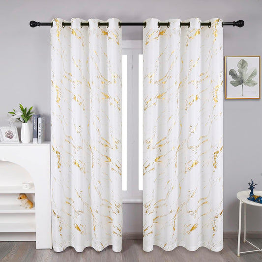 90% Blackout Curtains 2 Panels, Gold Marble Patterned Blackout Curtains Thermal Insulated Room Darkening Drapes for Living Room ,White