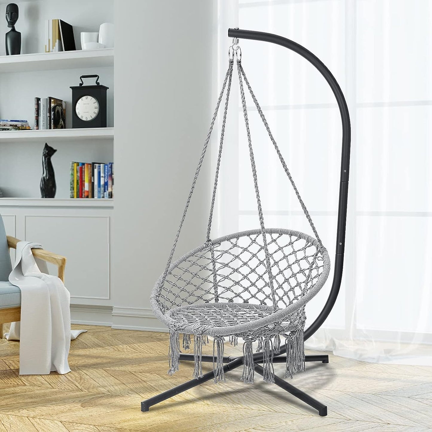 Macrame Hammock Hanging Rocking Chair, Suitable for Bedroom, Outdoor, Children, Adults, Huge Load-bearing Capacity（Light Grey）