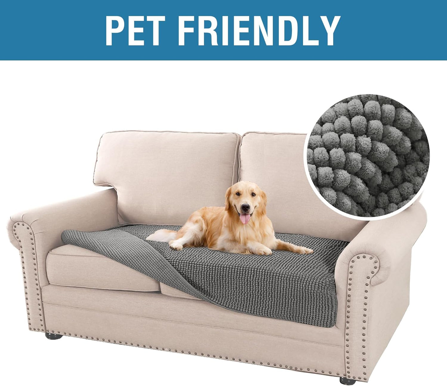 Plush Chenille Dog Bed Cover Thick Soft Sofa Cover for Cushion Couch Anti Slip Couch Cover Water Resistant Furniture Protector for Dog, Pet, Cat,Grey