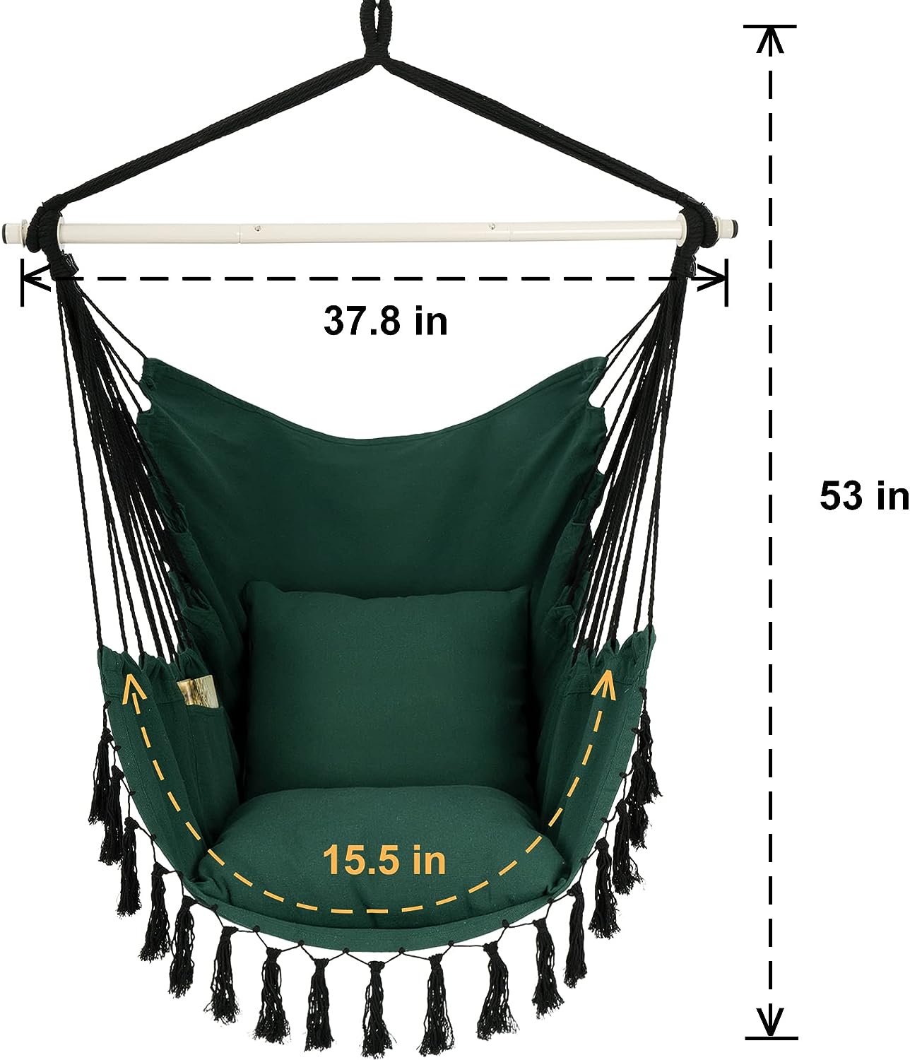 Hammock Chair Hanging Rope Swing, Large Hanging Chair with Pocket and tassels,Cushions for Superior Comfort, with Hardware Kit (GREEN)