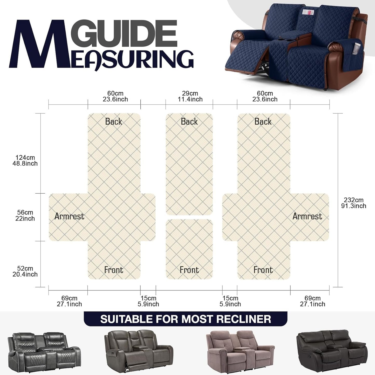 100%Waterproof  with Console, Non-Slip Reclining Couch Covers for 2 Seat, Recliner Sofa Cover Furniture Protector with Elastic Straps for Kids, Pets,Navy