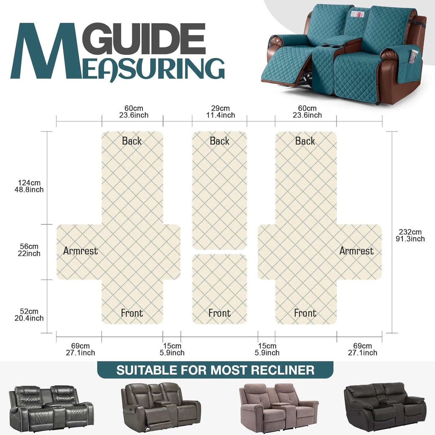 100%Waterproof  with Console, Non-Slip Reclining Couch Covers for 2 Seat, Recliner Sofa Cover Furniture Protector with Elastic Straps for Kids, Pets,Deepteal