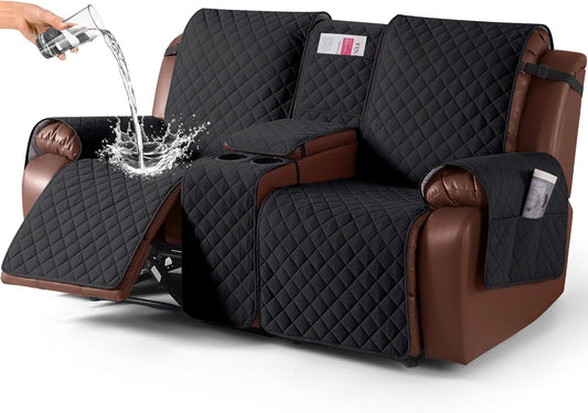 100%Waterproof  with Console, Non-Slip Reclining Couch Covers for 2 Seat, Recliner Sofa Cover Furniture Protector with Elastic Straps for Kids, Pets,Black