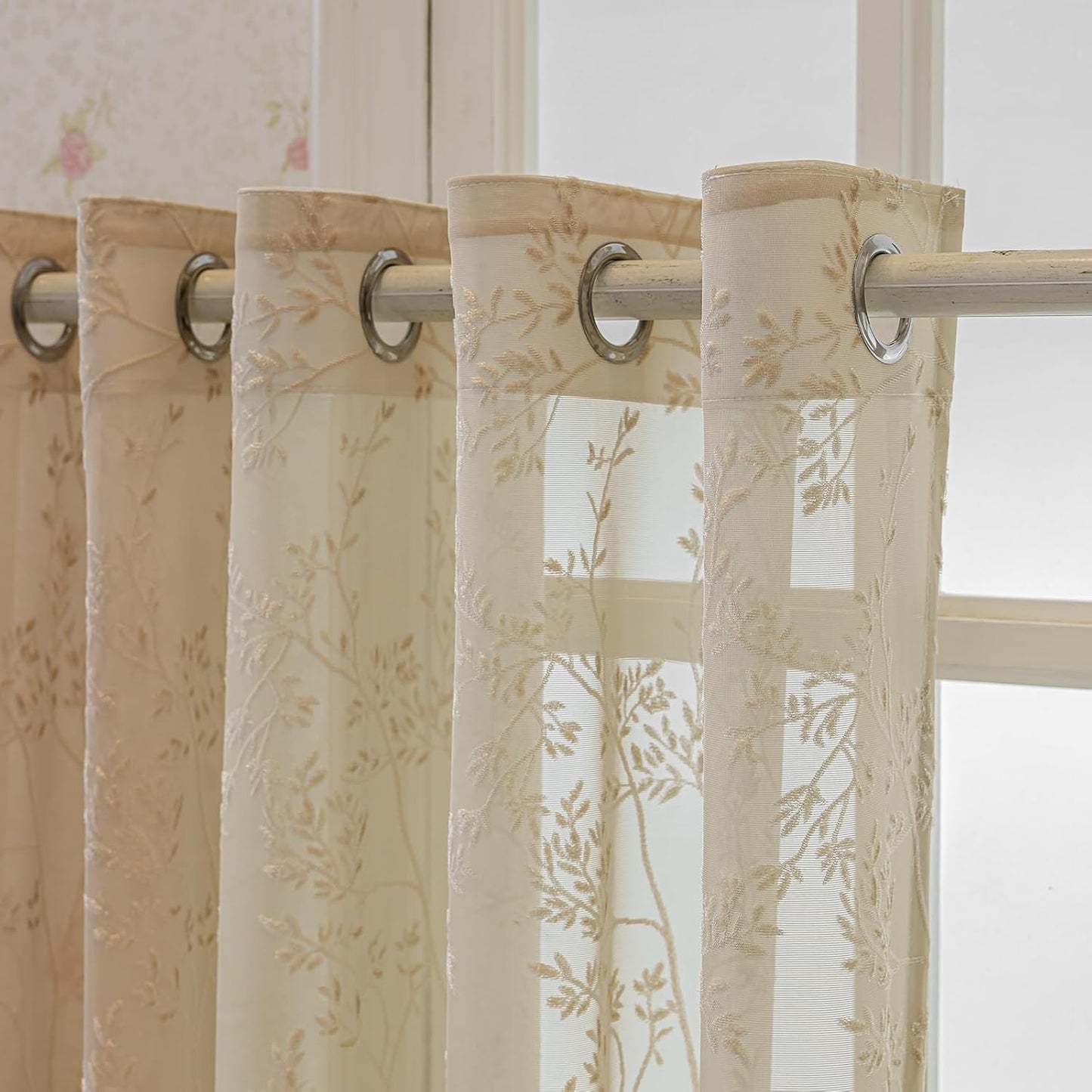 Beige Lace Sheer Curtains, Farmhouse Leaf Jacquard Grommet Window Curtain for Living Room/Bedroom, Voile Sheer Panel Drapes