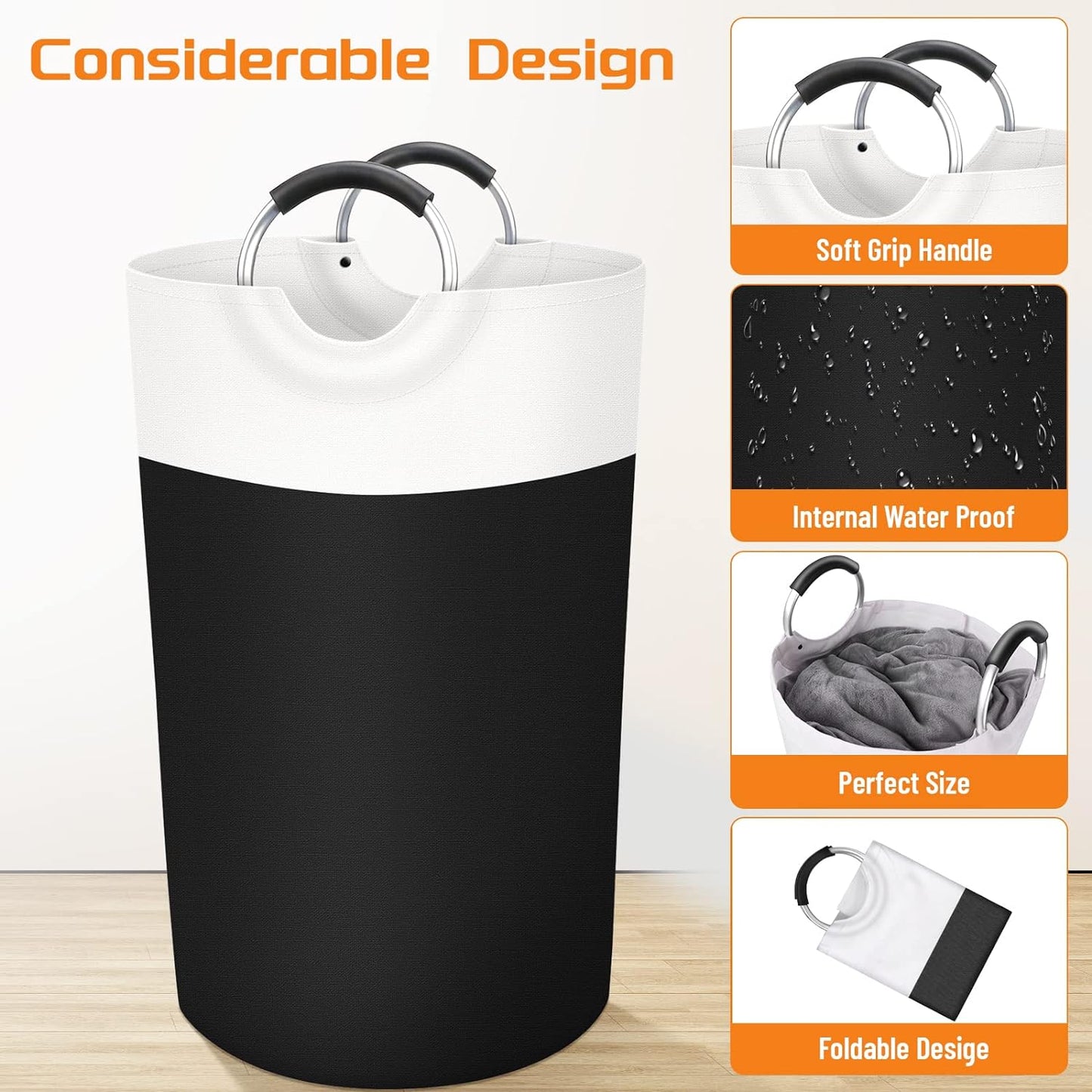 Large Laundry Basket Collapsible Tall With Handles Waterproof Travel Bathroom Essentials Storage For Dorm, Family (Black),90L