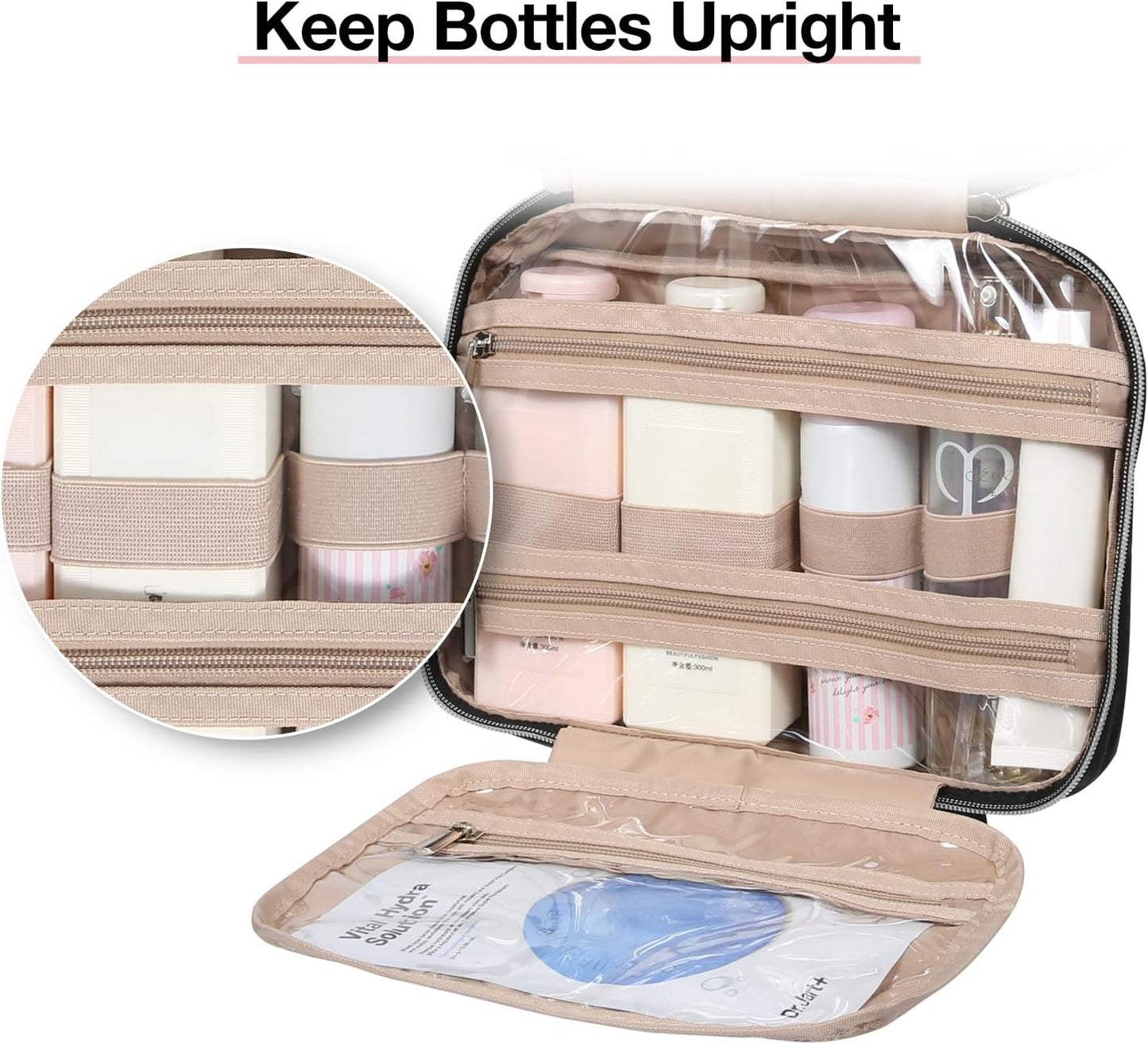 Toiletry Bag Hanging Travel Makeup Organizer, Transparent Cosmetic Bag Makeup Bag for Full Sized Toiletries, Black