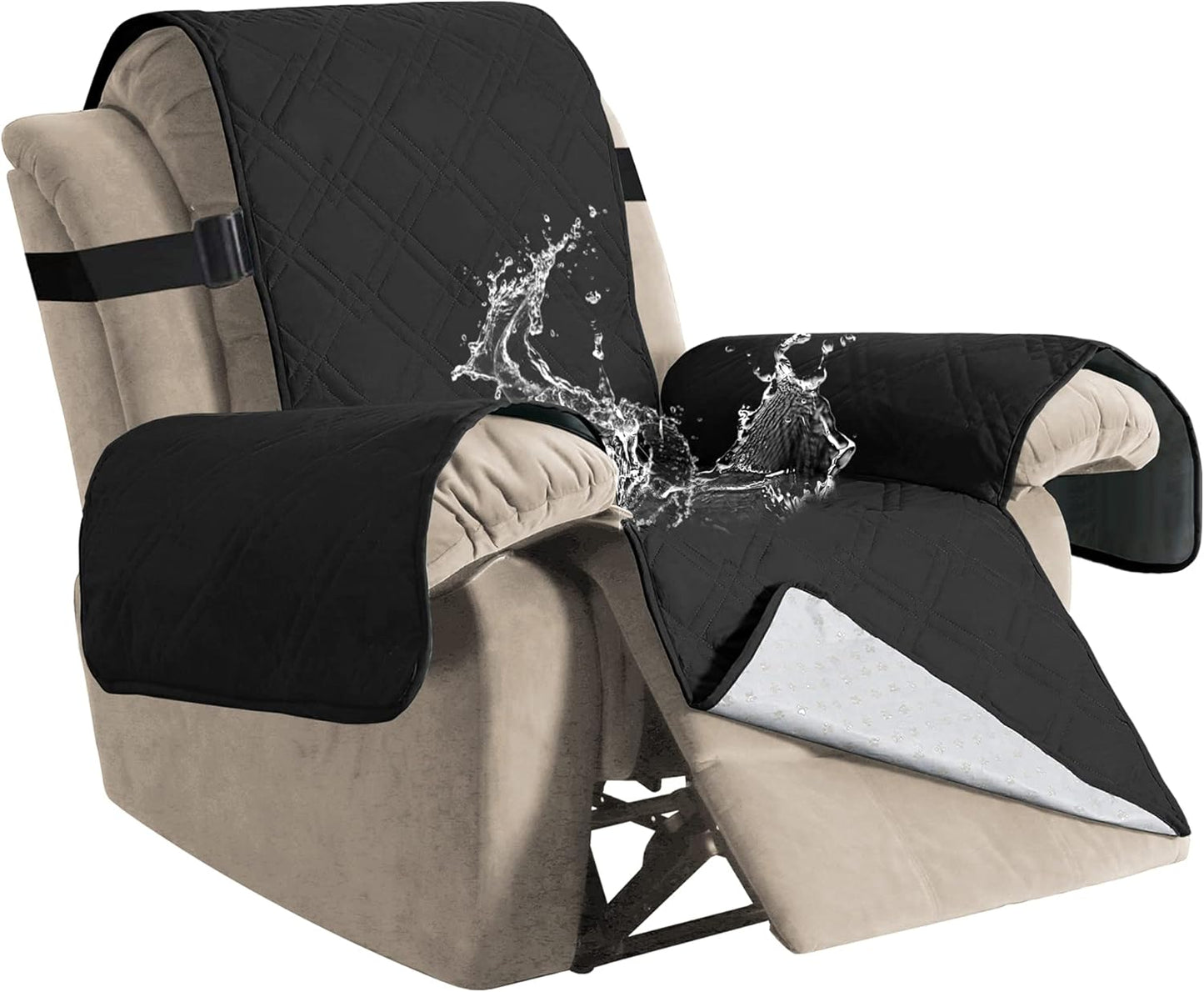 100% Waterproof ,Non-Slip Reclining Cover for Recliner Chair Washable Chair Cover Furniture Protector with Elastic Straps for pet ,kid ,Black