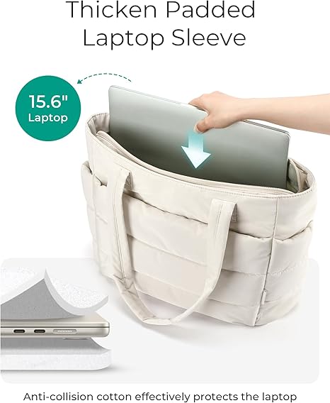 Tote Bag for Women, Lightweight Puffy Tote Bag with Compartments Shoulder Bag Handbag for Travel, Work, Gym | Lightweight, Puffy, Quilted,Light Grey