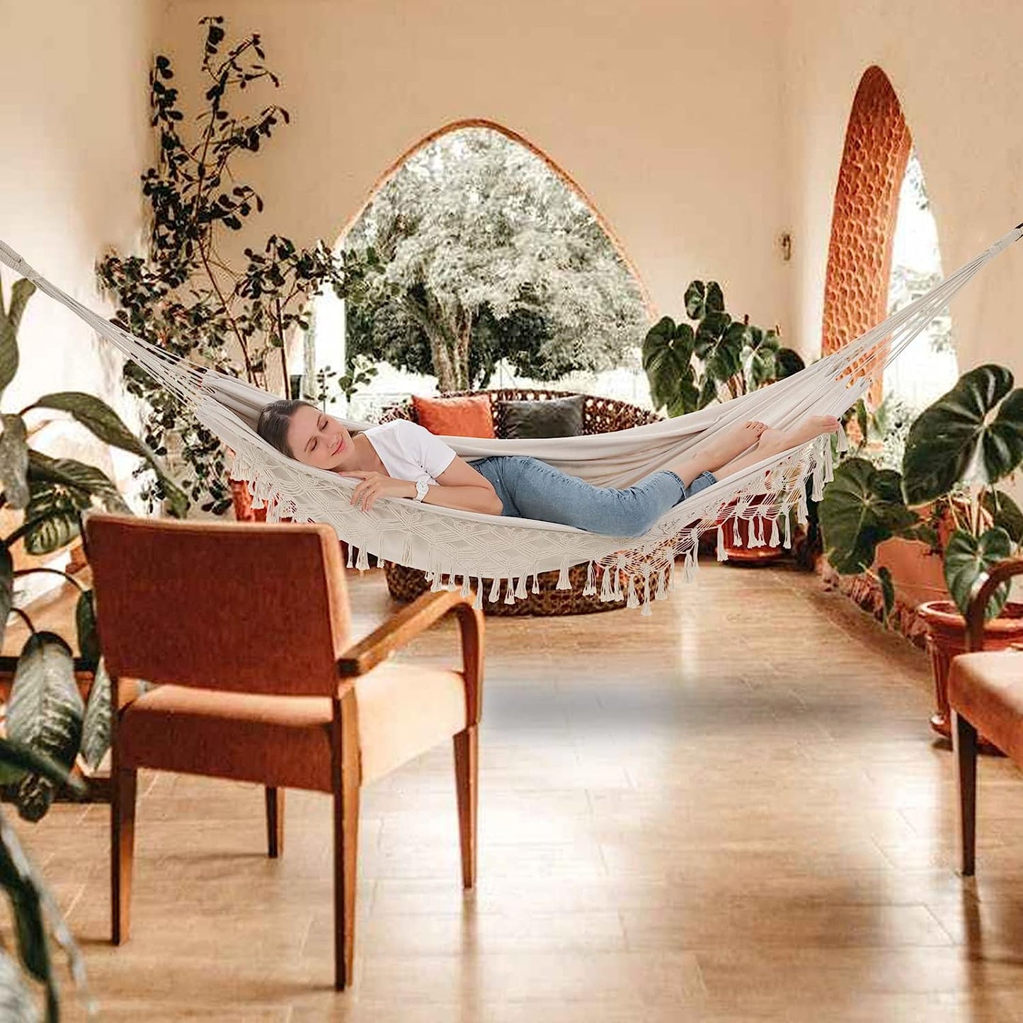 Hammock Hanging Swing Double Max 500lbs Macrame for Indoor Outdoor Patio Yard Garden (Beige)