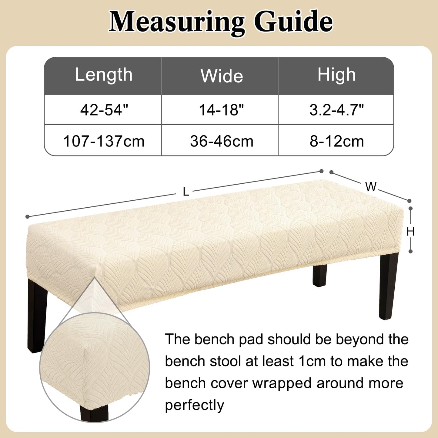 Dining Bench Cover Waterproof, Washable Long Bench Covers Slipcover, Stretch Rectangle Bench Seat Covers for Living Rooms, Bedroom, Kitchen, Piano Bench Cover, Beige