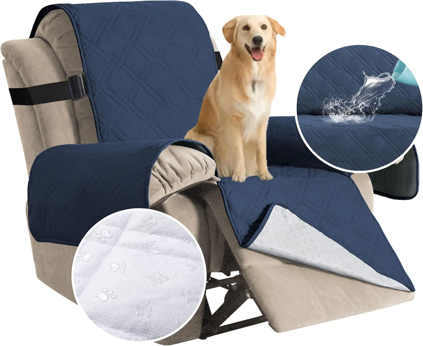 100% Waterproof ,Non-Slip Reclining Cover for Recliner Chair Washable Chair Cover Furniture Protector with Elastic Straps for pet ,kid ,Navy