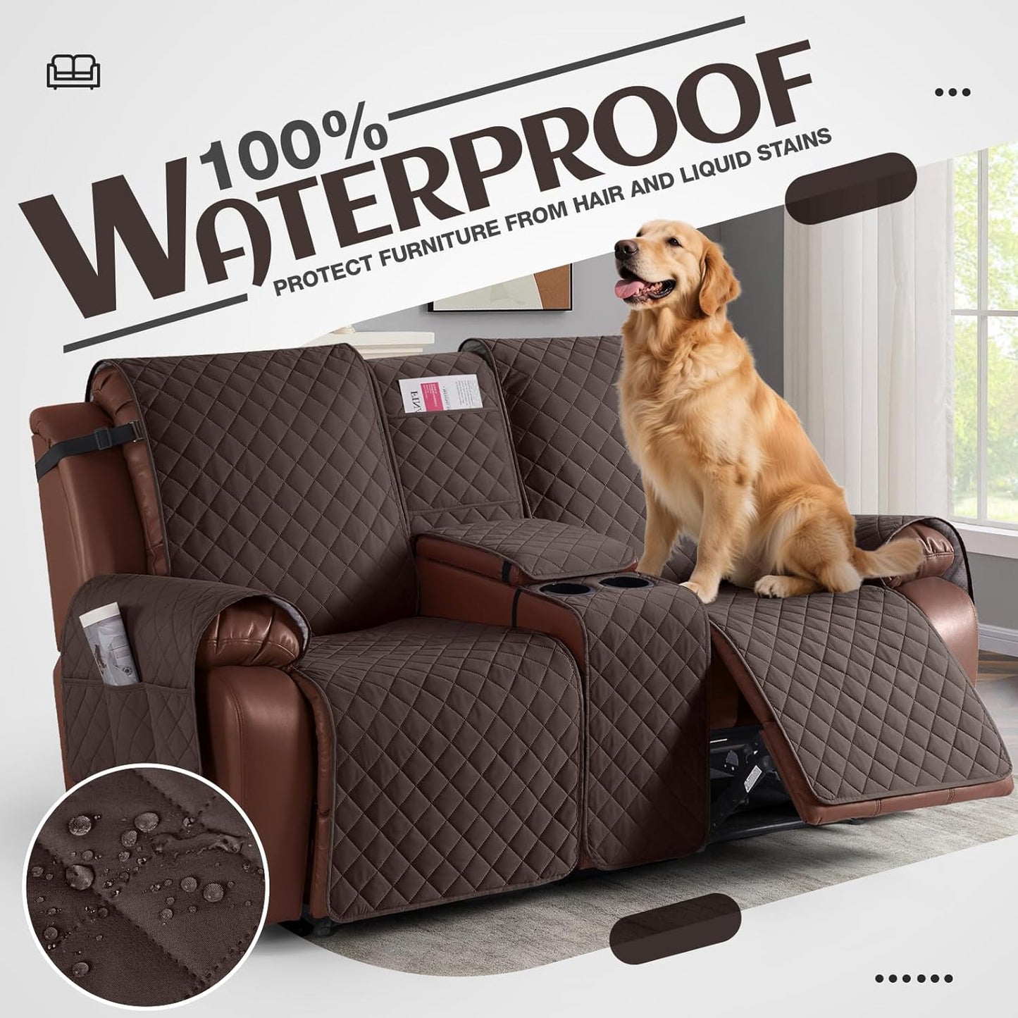 100%Waterproof  with Console, Non-Slip Reclining Couch Covers for 2 Seat, Recliner Sofa Cover Furniture Protector with Elastic Straps for Kids, Pets,Brown