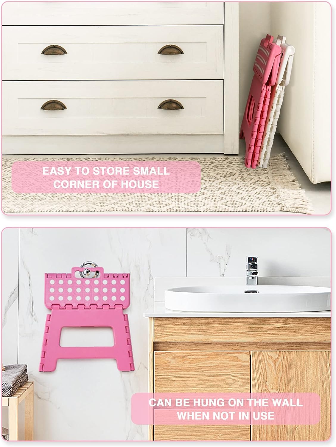 Lightweight, Durable, Foldable Step Stool With Handle, Suitable for Adults& Children, for Kitchens, Bathrooms, Outdoor (Pink)