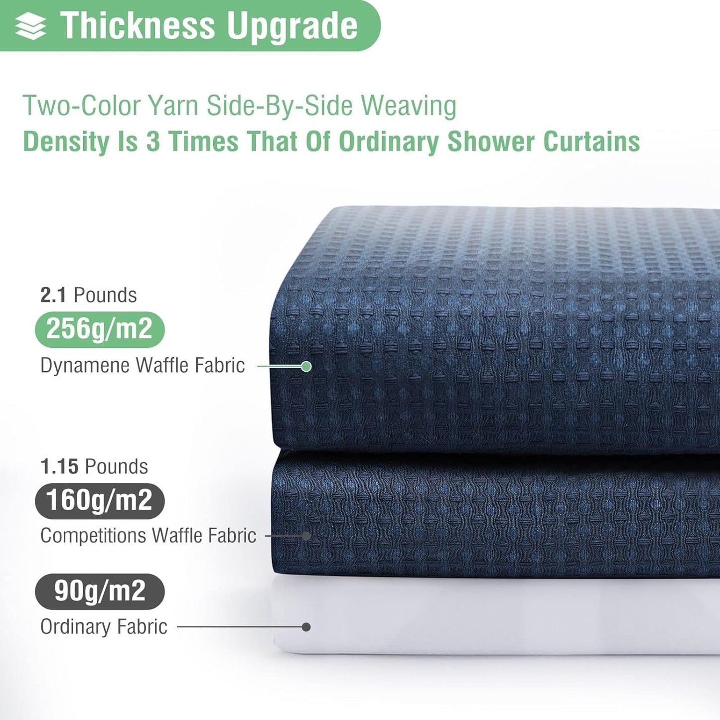 Fabric Shower Curtain - Waffle Weave Weighted Thick Cloth Shower Curtains for Bathroom, Hotel Spa Luxury Bath Curtain Set with 10 Hooks,Navy