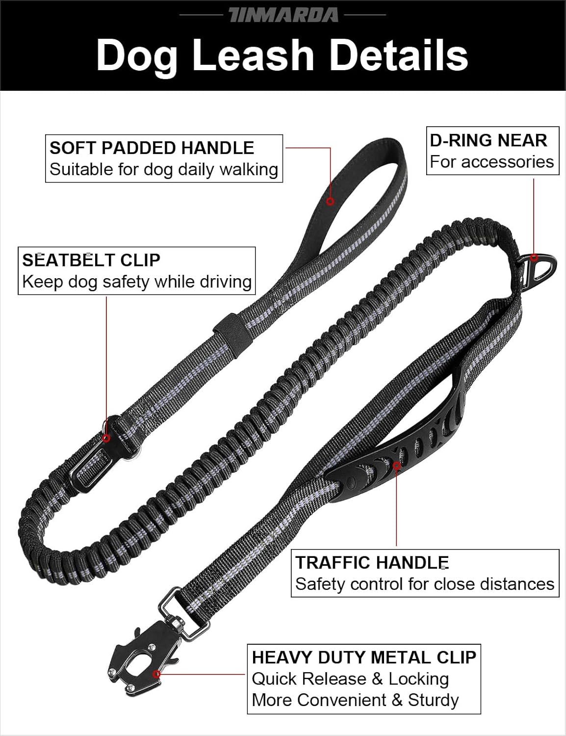 Heavy Duty Dog Leash, 4-6FT Shock Absorbing Dog Leashes with Traffic Handle and Comfortable Padded Handles, Advanced Easy Metal Clip, No Pull Reflective Leash for Medium Large Dogs,Black