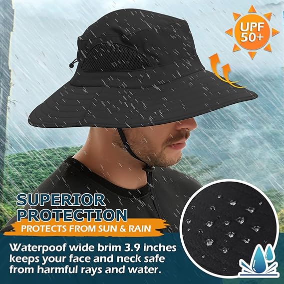 Unisex Sun Hat, Waterproof Wide Brim Bucket Hat Packable Boonie Hat for Fishing Hiking Gardening Safari Beach,Black
