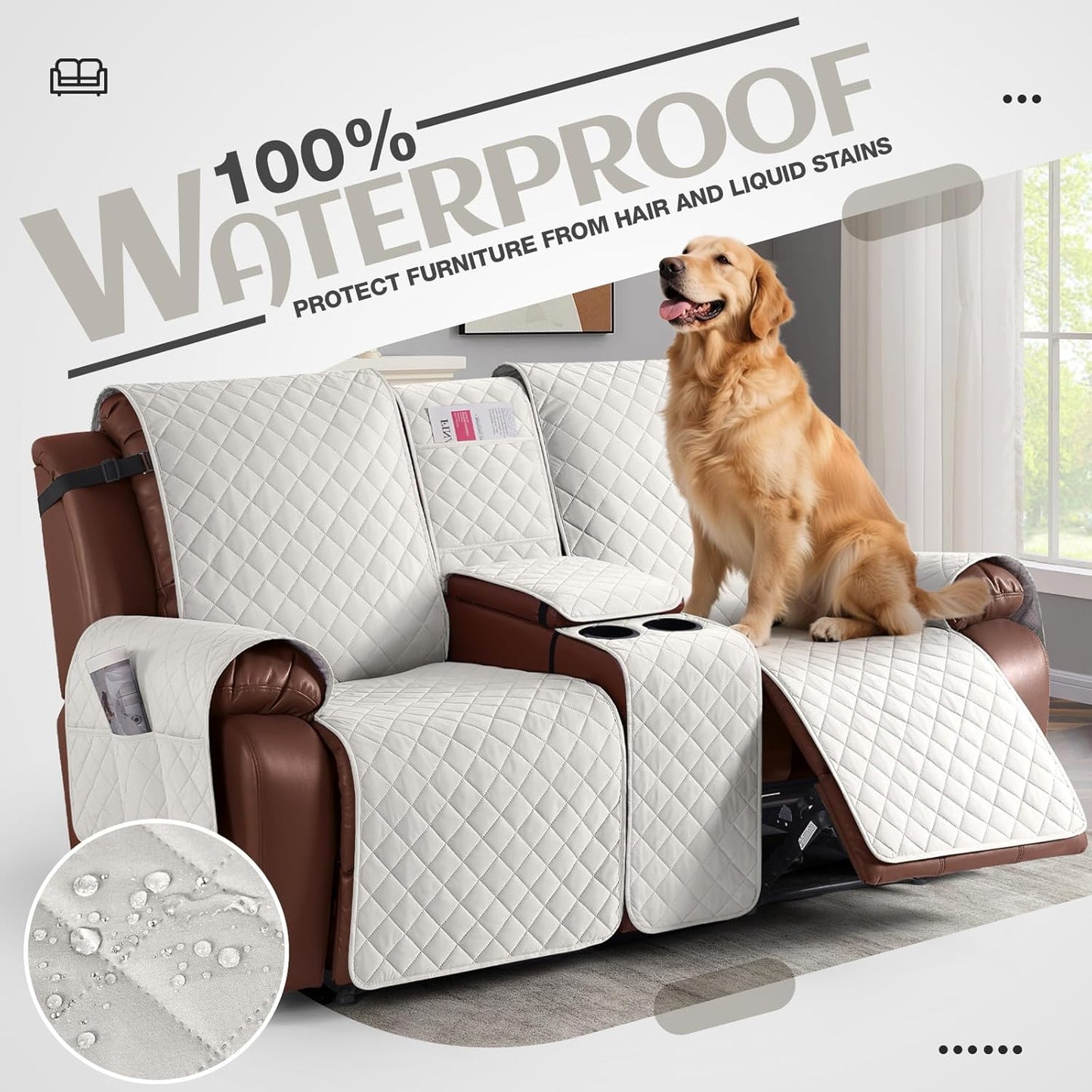 100%Waterproof  with Console, Non-Slip Reclining Couch Covers for 2 Seat, Recliner Sofa Cover Furniture Protector with Elastic Straps for Kids, Pets,Ivory