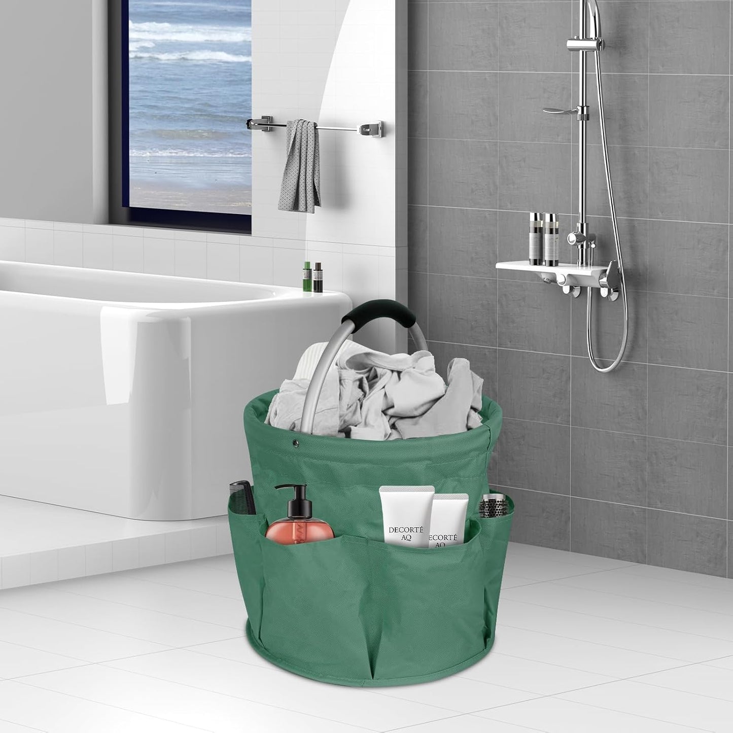 Collapsible Basket with Handles: Portable Picnic, Beach, Garden Harvest,Market Shopping Basket, Home Storage, Bathroom Organizer,Green
