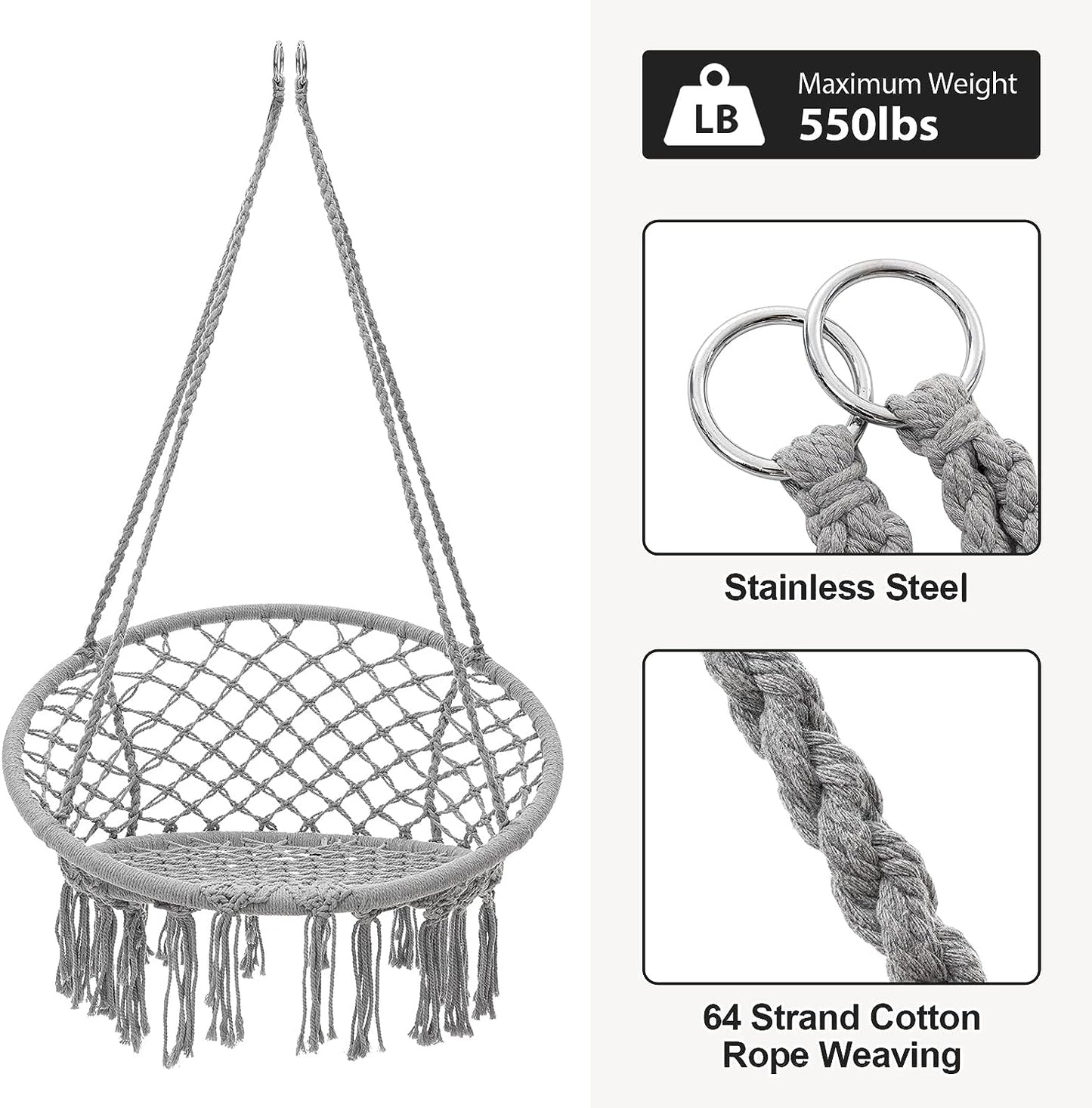 Macrame Hammock Hanging Rocking Chair, Suitable for Bedroom, Outdoor, Children, Adults, Huge Load-bearing Capacity（Light Grey）