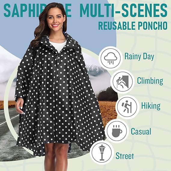 Unisex Rain Poncho Raincoat Hooded with Pockets&ZIpper ,Fashion,Beautiful, Durable, Lightweight,(Black Dot)