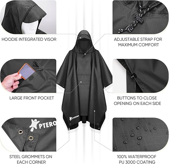 Hooded Rain Poncho for Adult with Pocket, Waterproof Lightweight Unisex Raincoat for Hiking Camping Emergency ,Black
