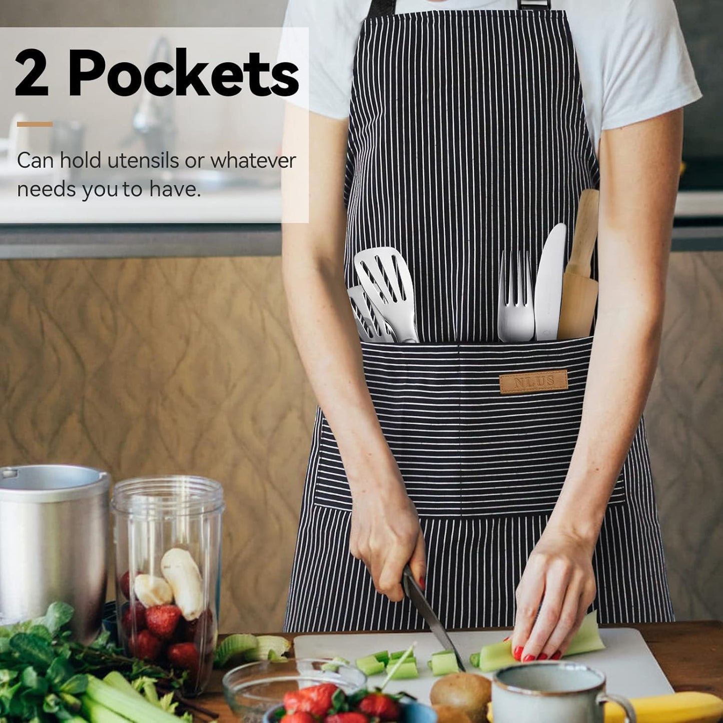 2 Pack Kitchen Cooking Aprons, Adjustable Bib Soft Chef Apron with 2 Pockets for Men Women(Blue/Black)