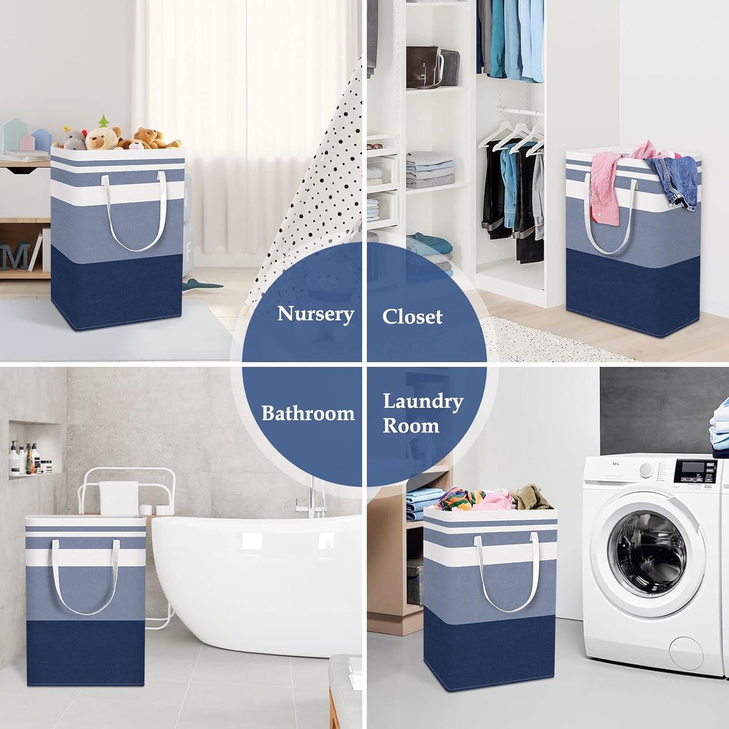 2-Pack Large Laundry Basket, Waterproof, Freestanding Laundry Hamper, Collapsible Tall Clothes Hamper with Extended Handles for Clothes Toys (Blue)