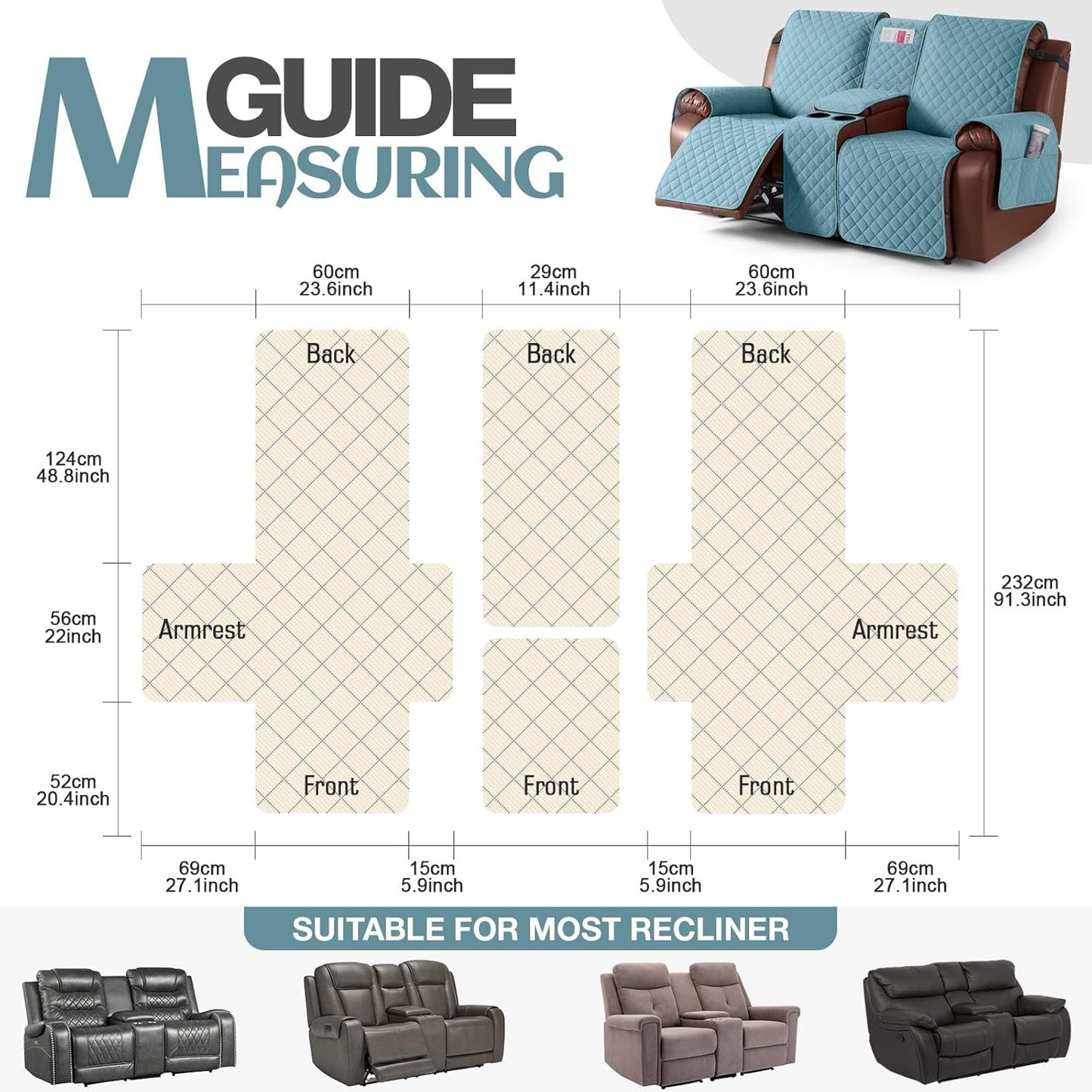 100%Waterproof  with Console, Non-Slip Reclining Couch Covers for 2 Seat, Recliner Sofa Cover Furniture Protector with Elastic Straps for Kids, Pets,GreyBlue