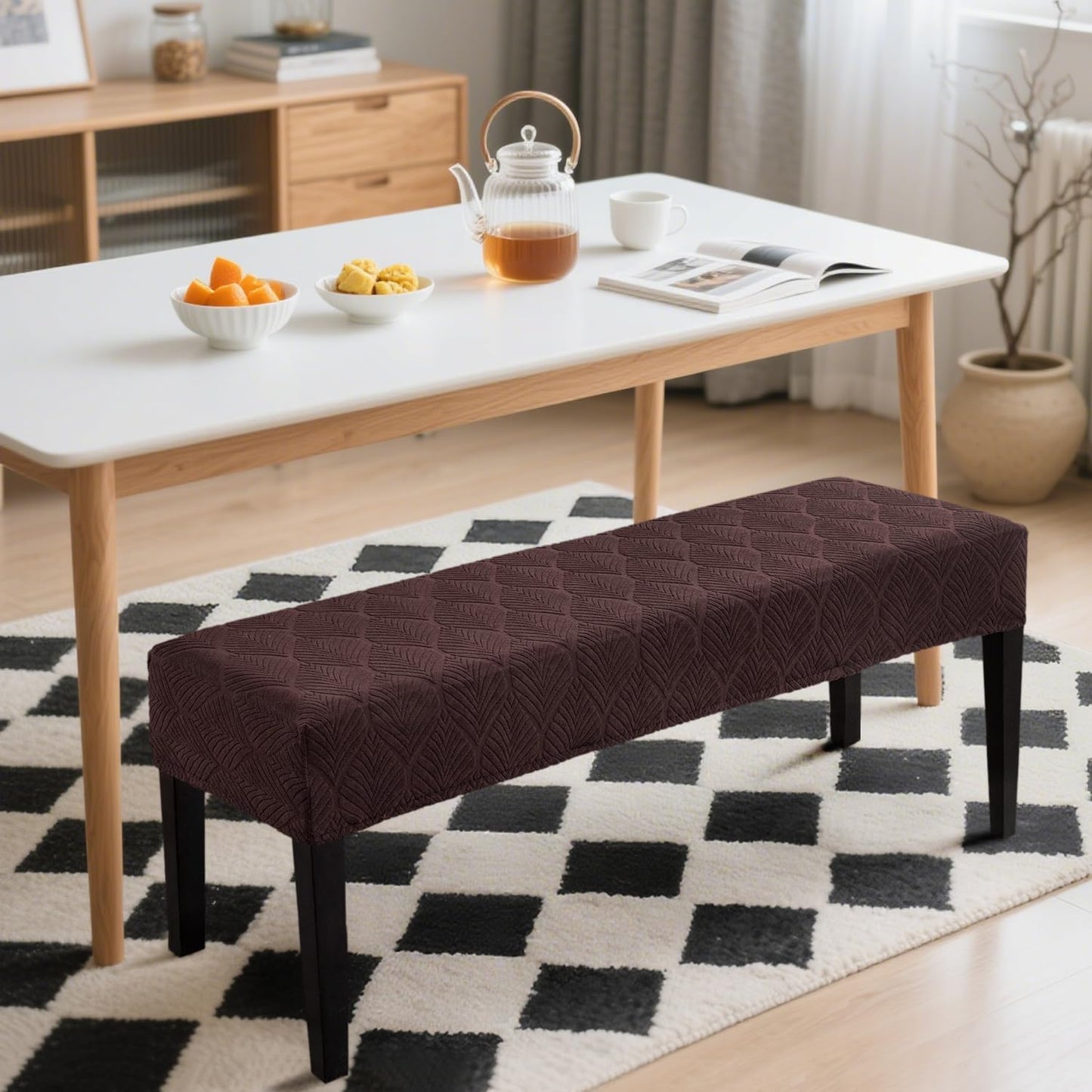 Dining Bench Cover Waterproof, Washable Long Bench Covers Slipcover, Stretch Rectangle Bench Seat Covers for Living Rooms, Bedroom, Kitchen, Piano Bench Cover, Dark Coffee